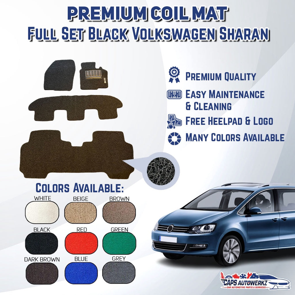 Premium Customized Single Color Coil Car Mats Volkswagen Sharan (3 Rows)