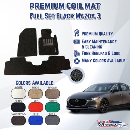 MAZDA 3 Premium Customized Single Color Coil Car Mats (3pcs) | Car Floor Mats / Carpet Carmat