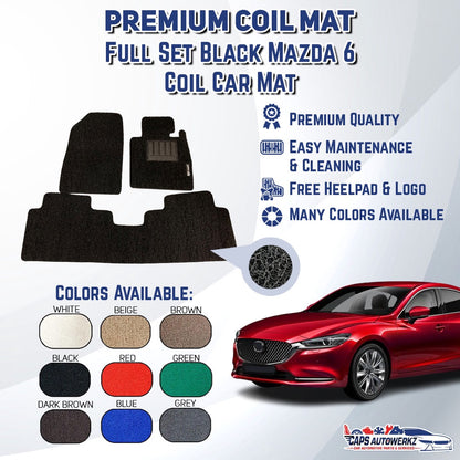MAZDA 6 Premium Customized Single Color Coil Car Mat Set | Car Floor Mats/Carpets Anti-slip
