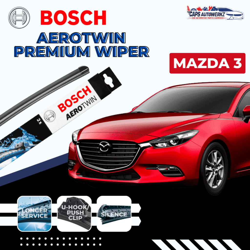 MAZDA 3 BOSCH Aerotwin Car Front Wiper Set (U-Hook) & Rear Wiper | Premium Windshield Wiper Blades