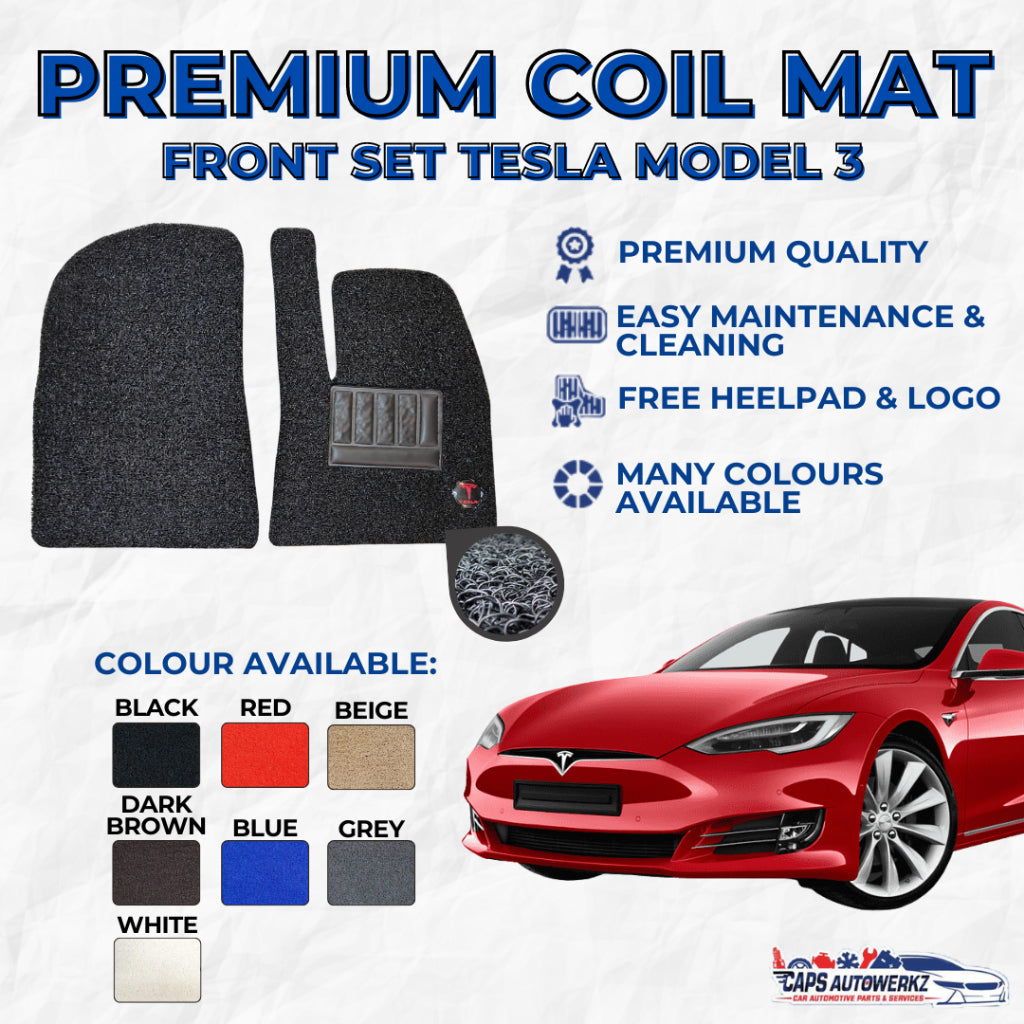 TESLA MODEL 3 Premium Customized Single Color Coil Car Mats (3pcs) | Car Floor Mat / Carpet Carmat