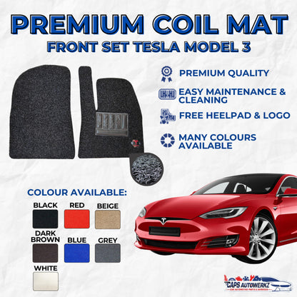TESLA MODEL 3 Premium Customized Single Color Coil Car Mats (3pcs) | Car Floor Mat / Carpet Carmat