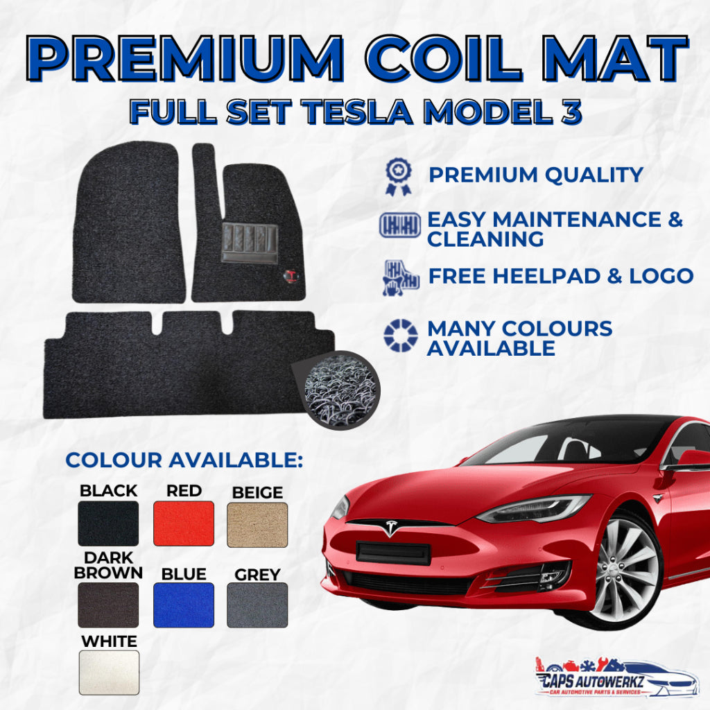 TESLA MODEL 3 Premium Customized Single Color Coil Car Mats (3pcs) | Car Floor Mat / Carpet Carmat