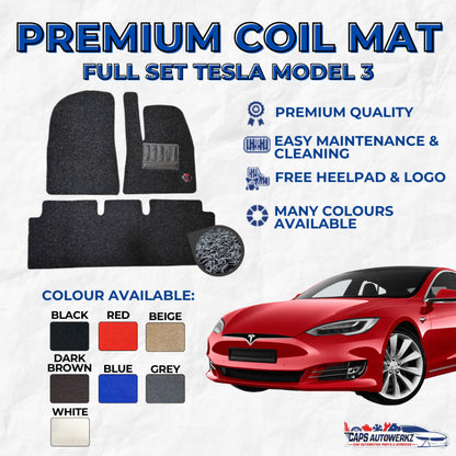 TESLA MODEL 3 Premium Customized Single Color Coil Car Mats (3pcs) | Car Floor Mat / Carpet Carmat