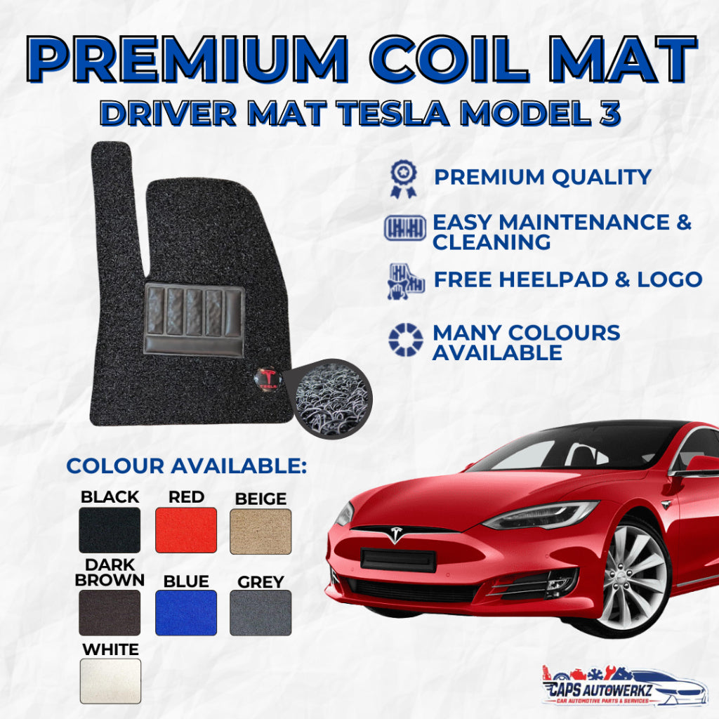 TESLA MODEL 3 Premium Customized Single Color Coil Car Mats (3pcs) | Car Floor Mat / Carpet Carmat