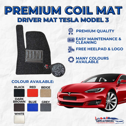 TESLA MODEL 3 Premium Customized Single Color Coil Car Mats (3pcs) | Car Floor Mat / Carpet Carmat