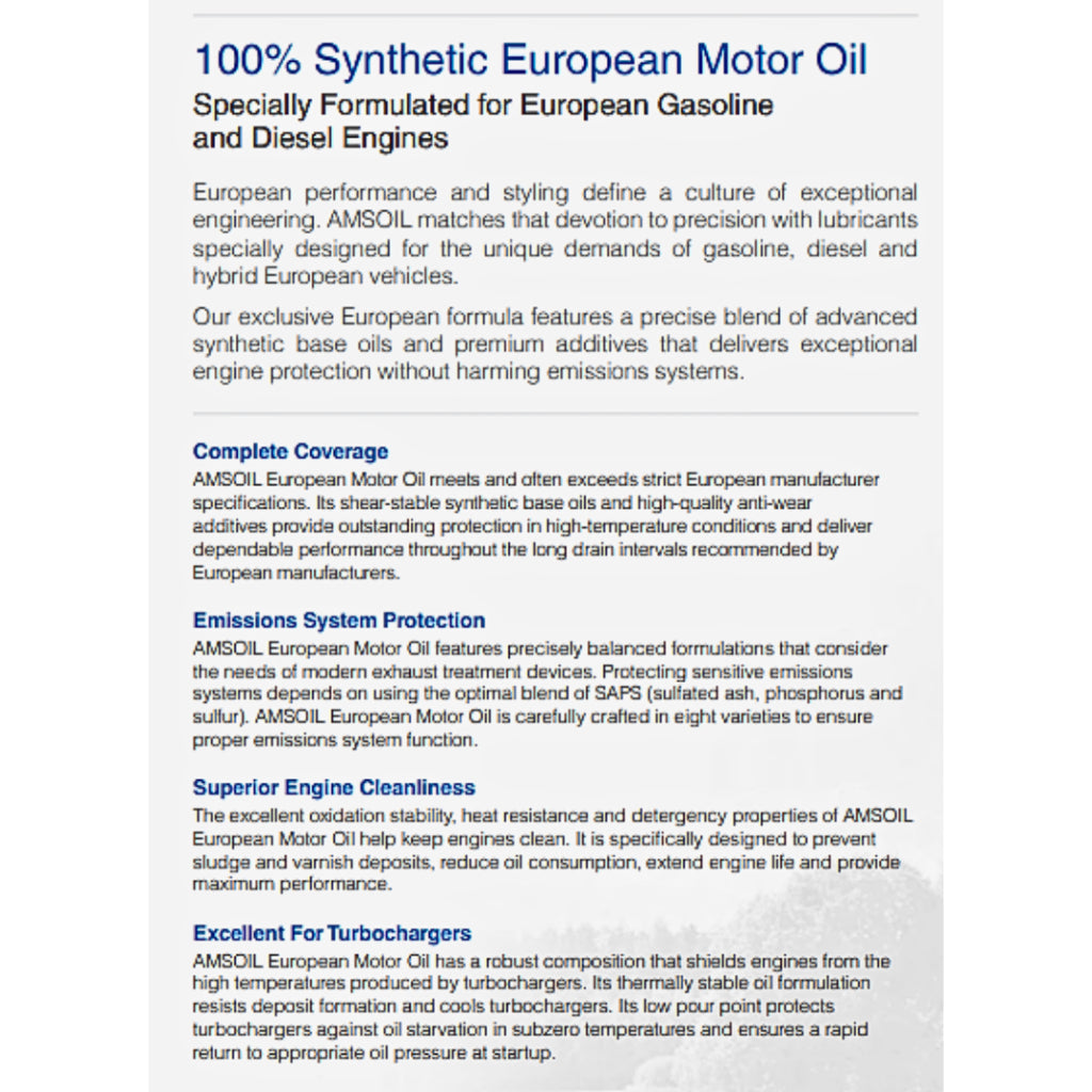 AMSOIL European Engine Oil 5W30 100% Synthetic 946ml (1 Quart) | Car Motor Oil 5W-30