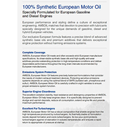 AMSOIL European Engine Oil 5W40 100% Synthetic 946ml (1 Quart) | Car Motor Oil 5W-40